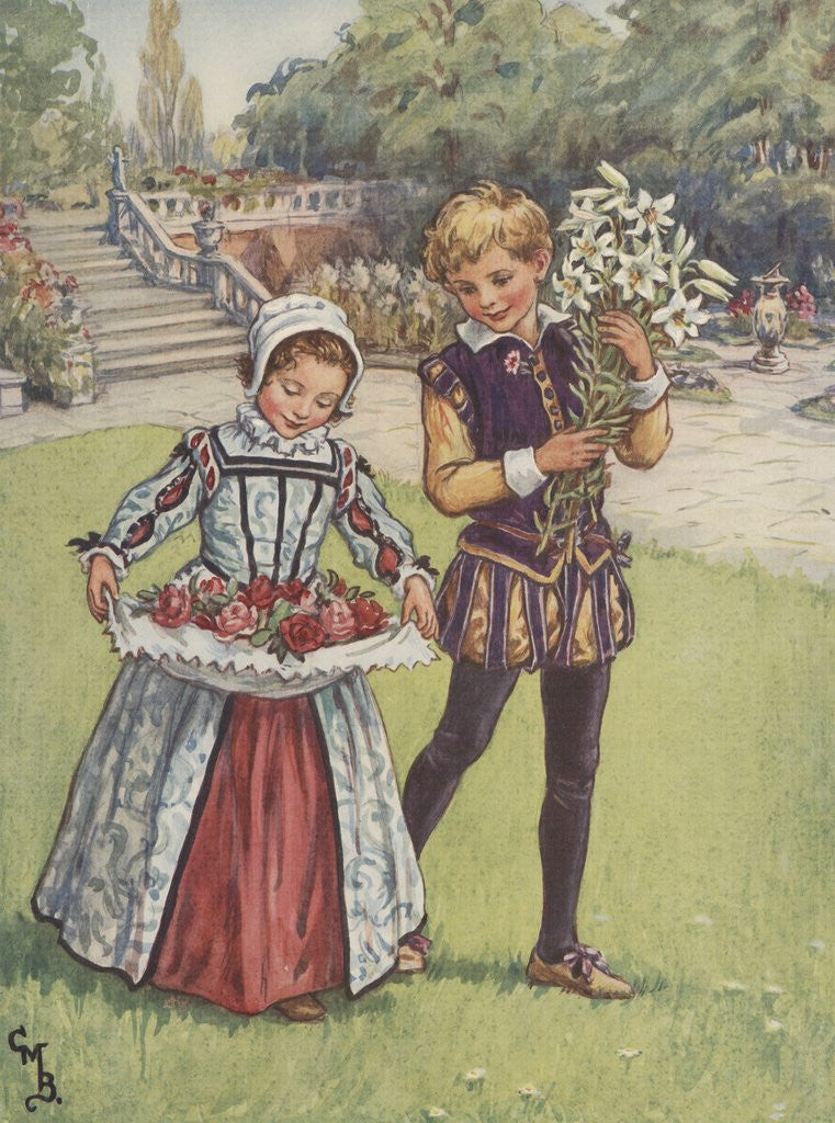 Detail of Boy and girl in Elizabethan dress carrying flowers by Anonymous