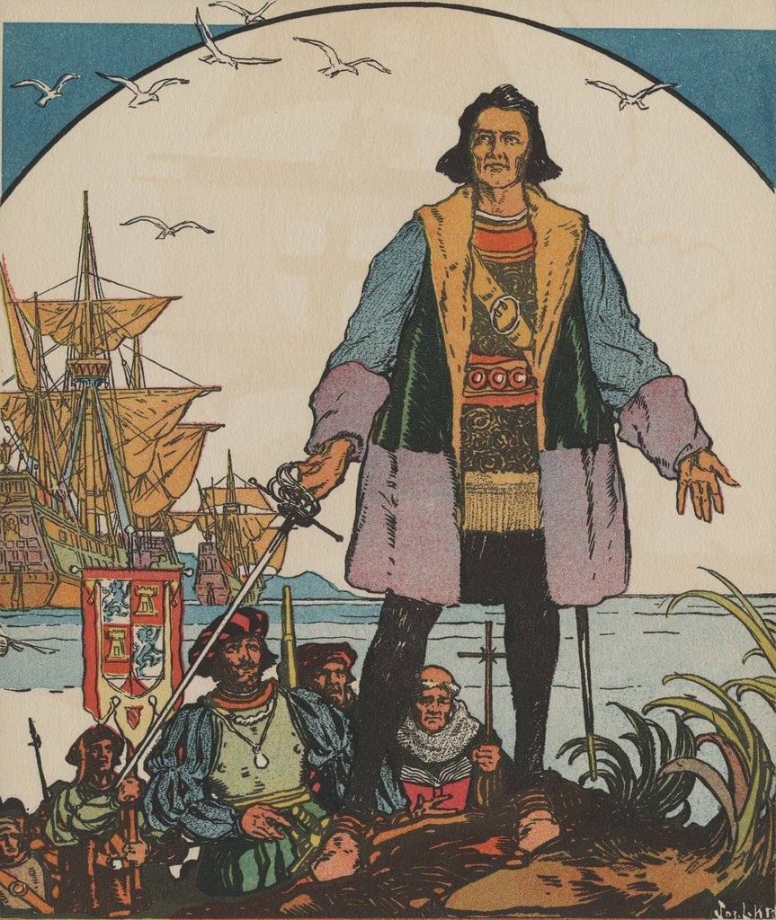 Detail of Christopher Columbus standing on shore by Anonymous