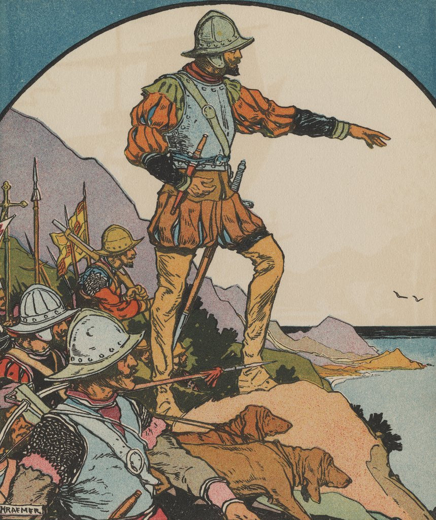 Detail of Vasco NÃºÃ±ez de Balboa pointing at ocean by Anonymous