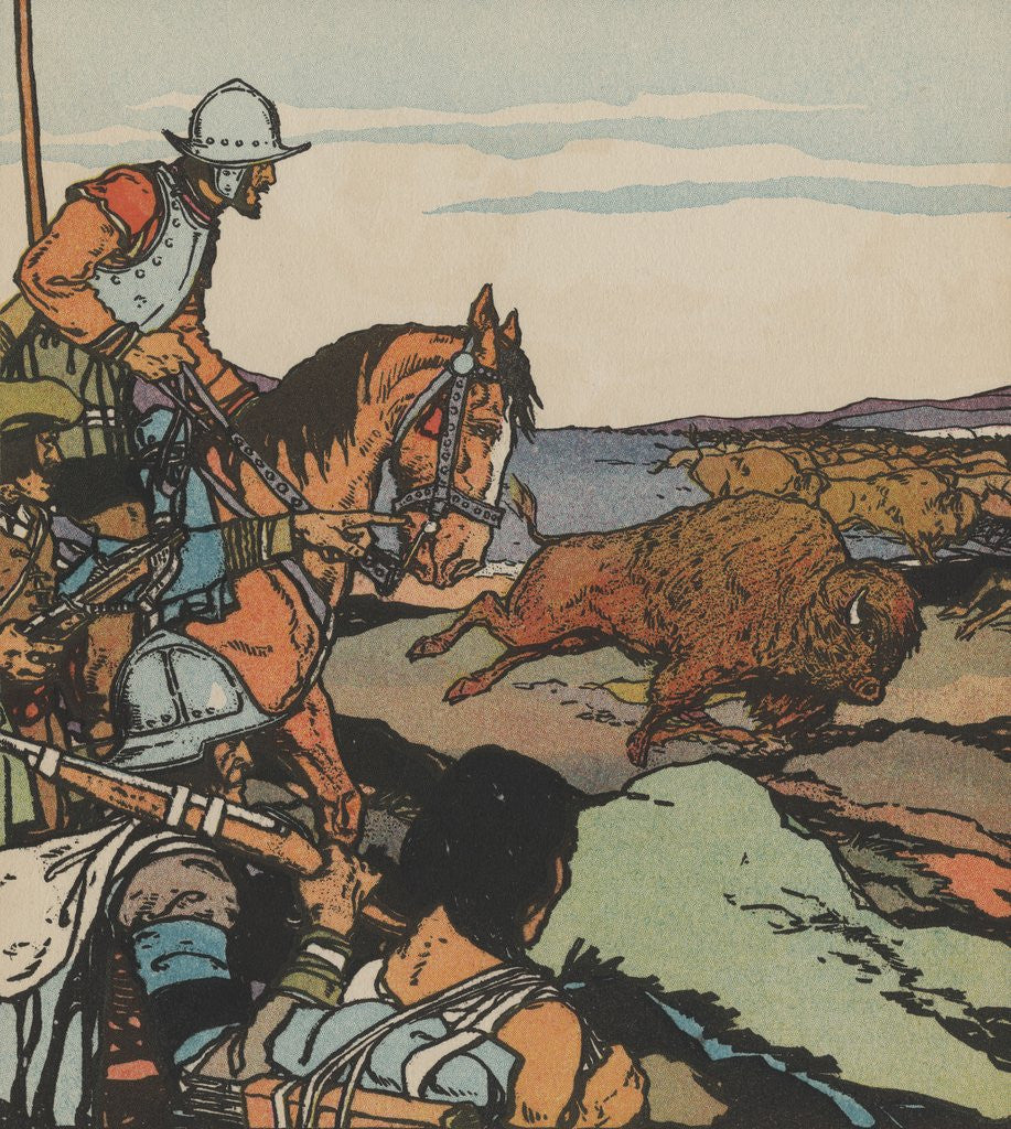 Detail of Francisco VÃ¡squez de Coronado looking at buffalo herd by Anonymous