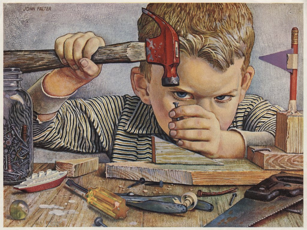 Detail of Determined looking boy hammering nail by Anonymous