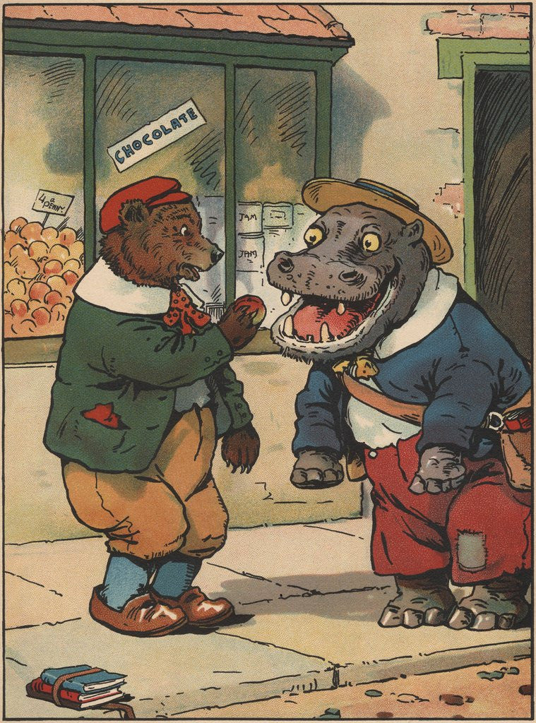 Detail of Bear feeding apple to hippo by Anonymous