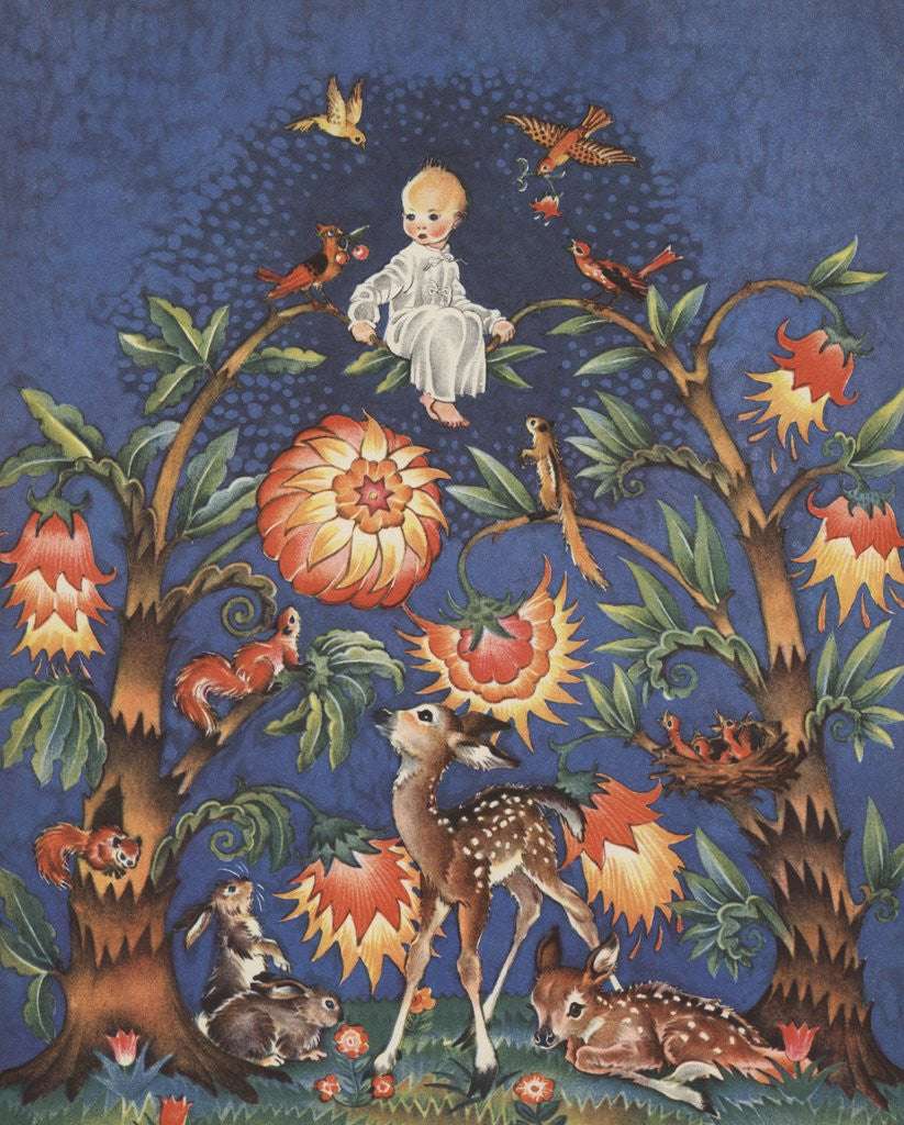 Detail of Baby sitting atop bower of trees and flowers by Anonymous