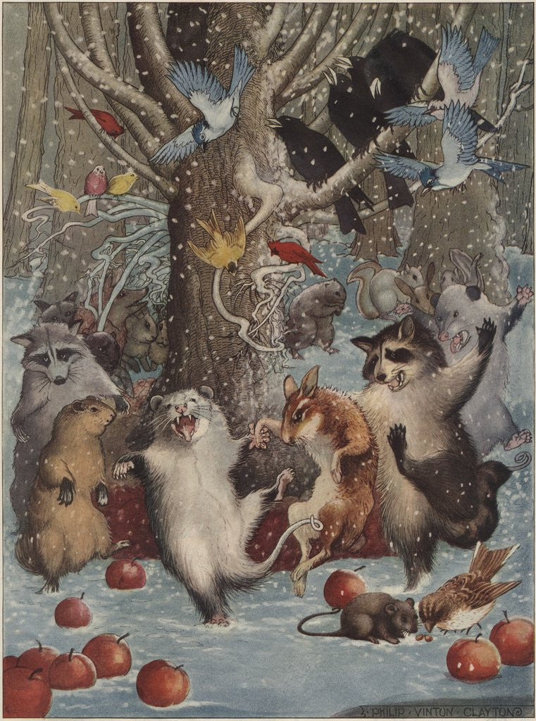 Detail of Woodland animals dancing in snow by Corbis