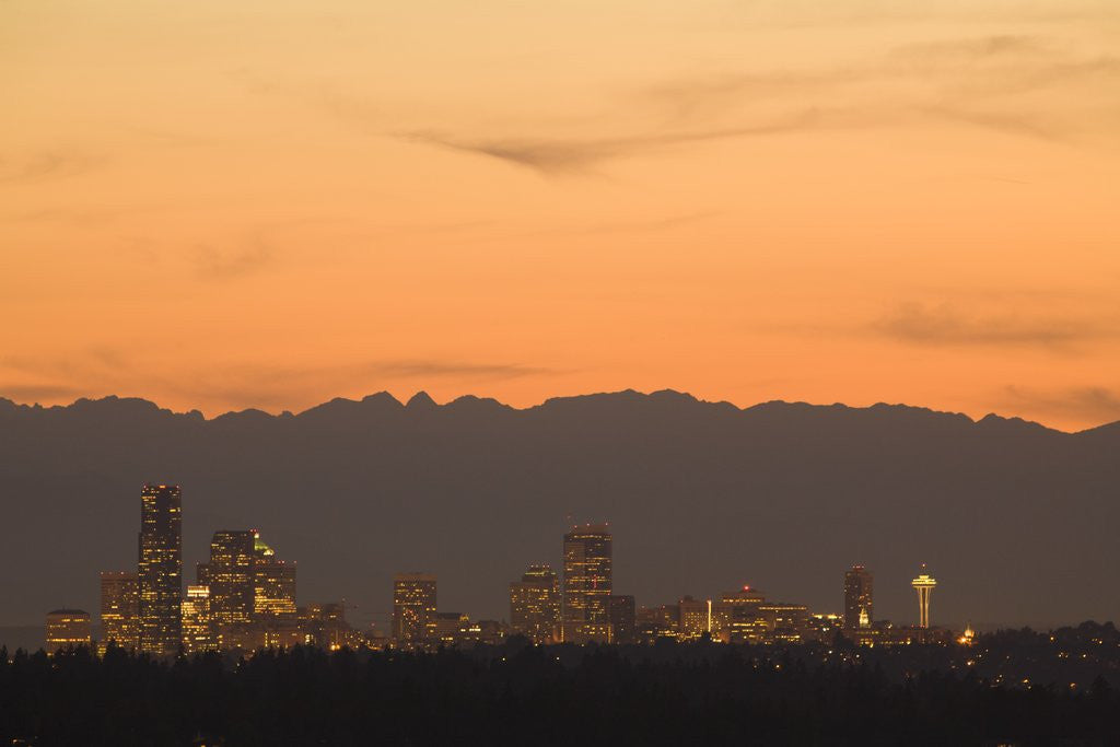 Detail of North America, United States, Washington, Seattle skyline at sunset, with Olympic Mountains behind ( by Corbis