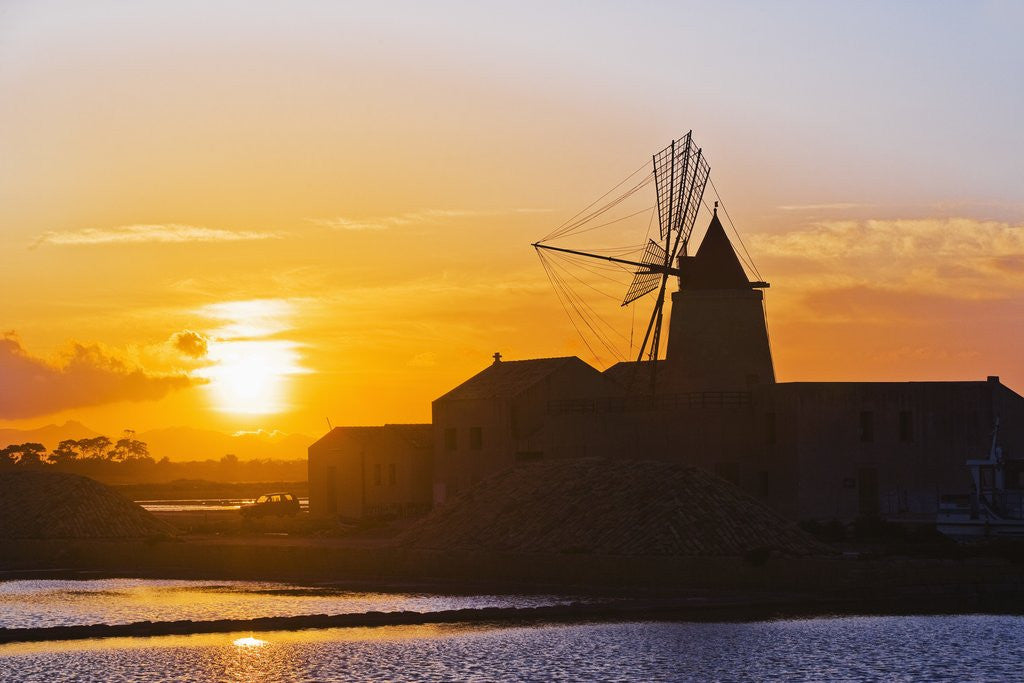Detail of Windmill and saltworks at sunset, Marsala, Sicily, Italy by Anonymous