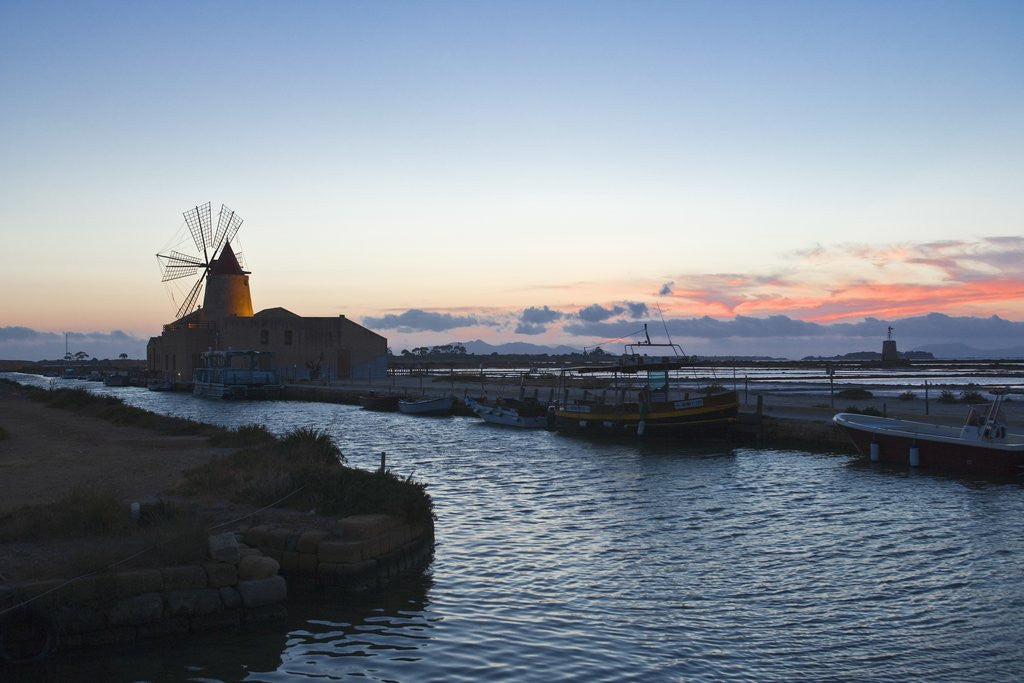 Detail of Windmill and saltworks at dusk , Marsala, Sicily, Italy by Anonymous