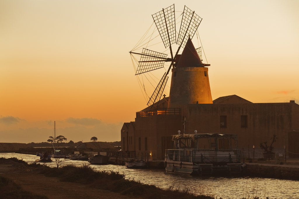 Detail of Windmill and saltworks at sunset, Marsala, Sicily, Italy by Anonymous