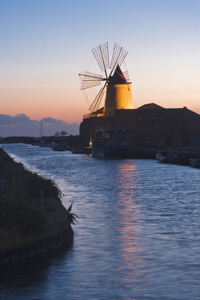 Detail of Windmill and saltworks at sunset, Marsala, Sicily, Italy by Anonymous