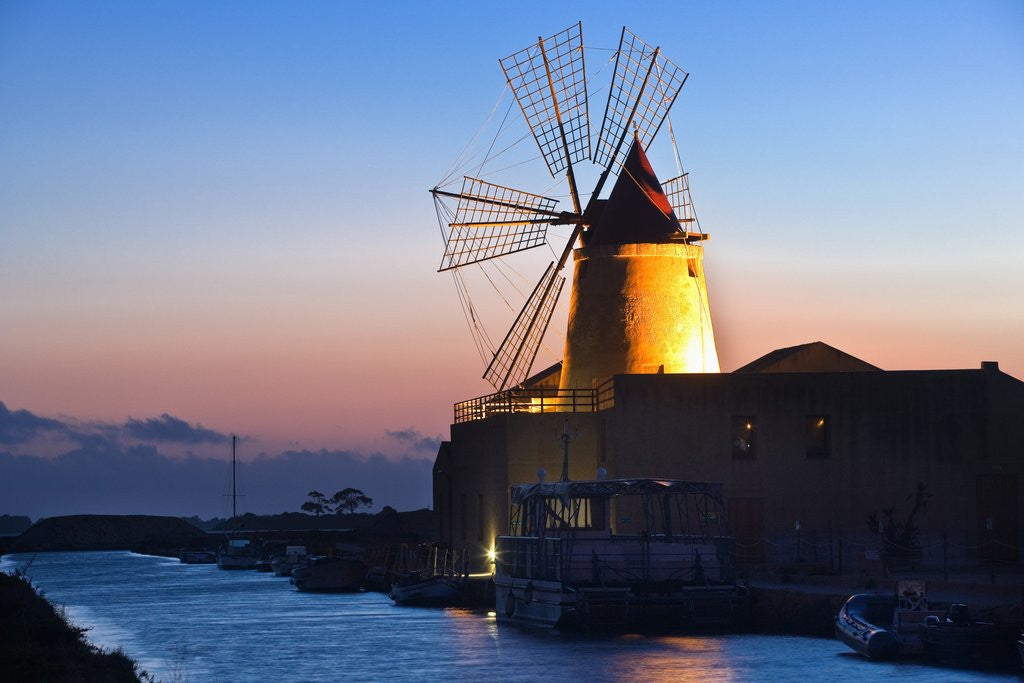 Detail of Windmill and saltworks at sunset, Marsala, Sicily, Italy by Anonymous
