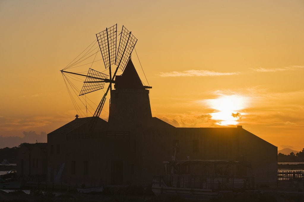 Detail of Windmill and saltworks at sunset, Marsala, Sicily, Italy by Anonymous