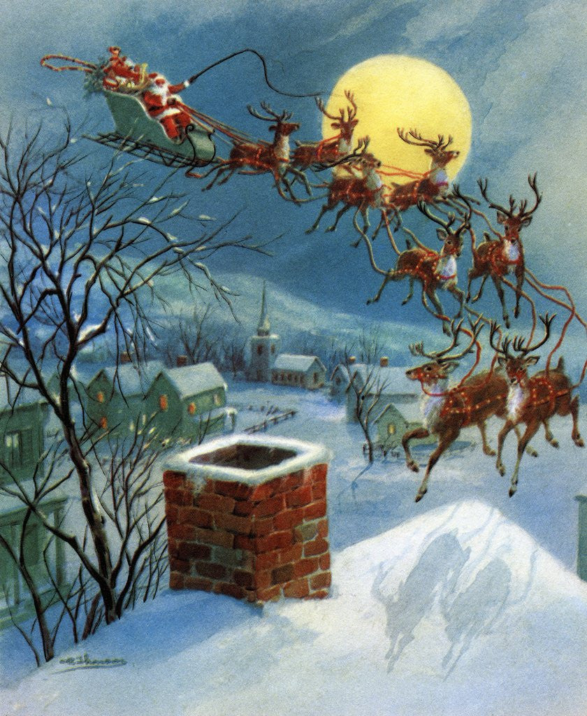 Detail of Vintage Illustration of Santa Claus and His Sleigh by Corbis