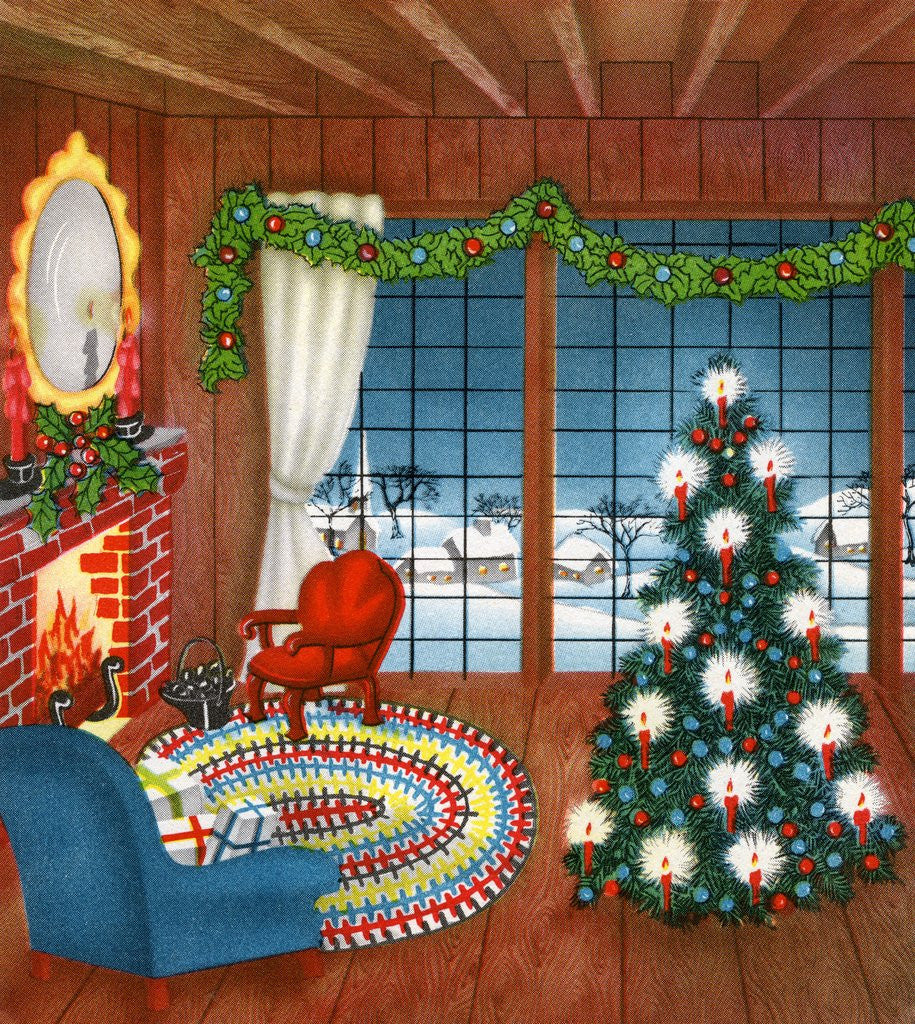 Detail of Vintage Illustration of Christmas Tree by Fireplace by Anonymous