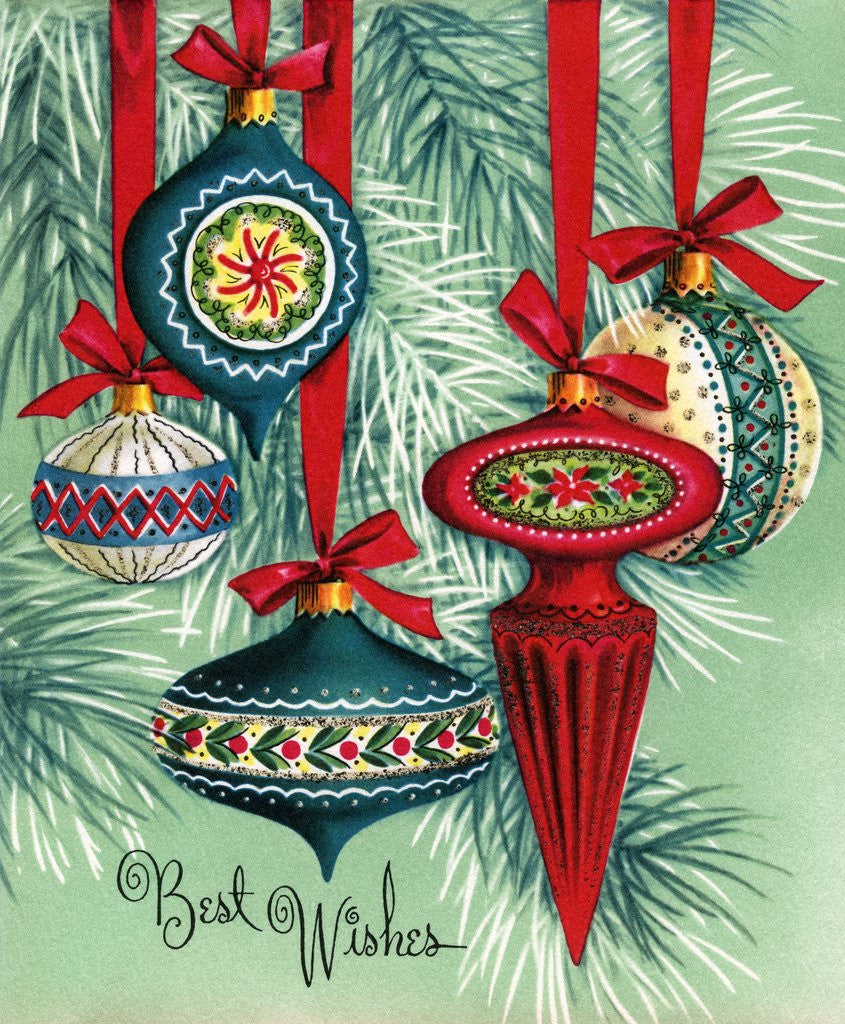 Detail of Vintage Illustration of Five Christmas Tree Ornaments by Anonymous