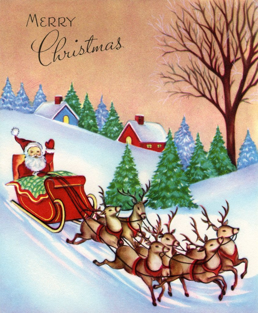 Detail of Vintage Illustration of Santa Claus and His Sleigh by Anonymous