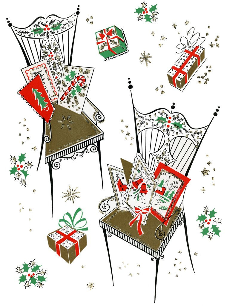Detail of Vintage Illustration of Chairs with Christmas Cards and Gifts by Anonymous