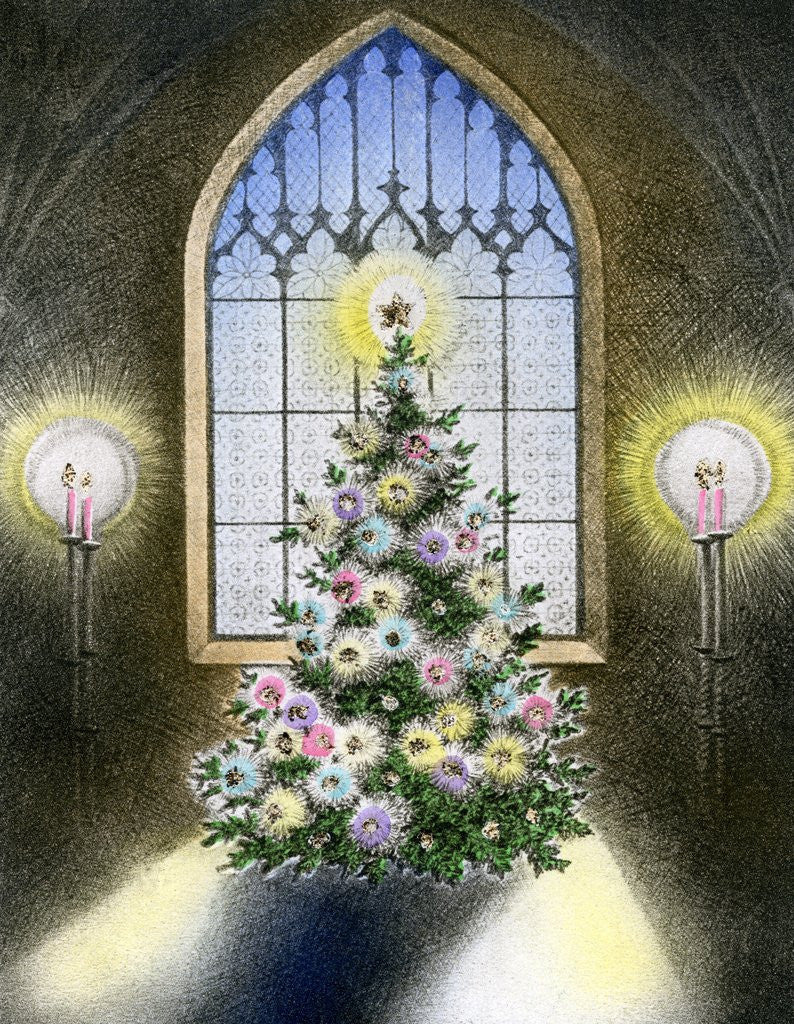 Detail of Vintage Illustration of Christmas Tree by a Church Window. by Anonymous