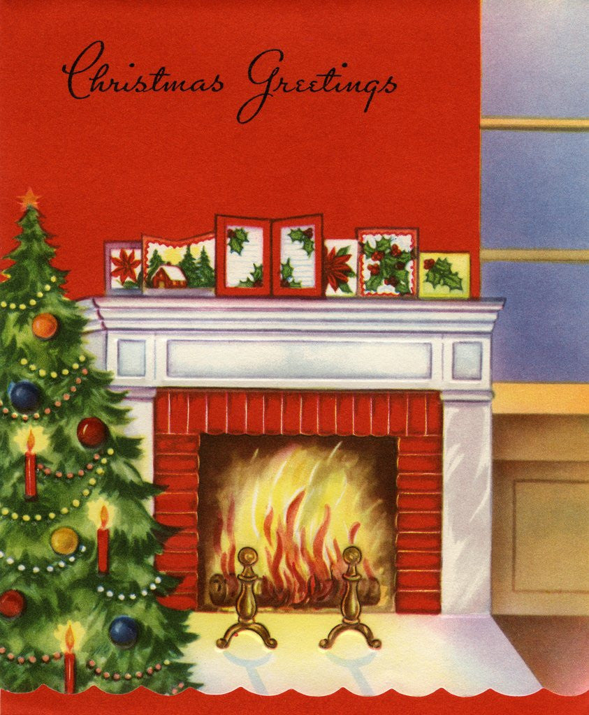 Detail of Vintage Illustration of Christmas Tree by Fireplace by Anonymous