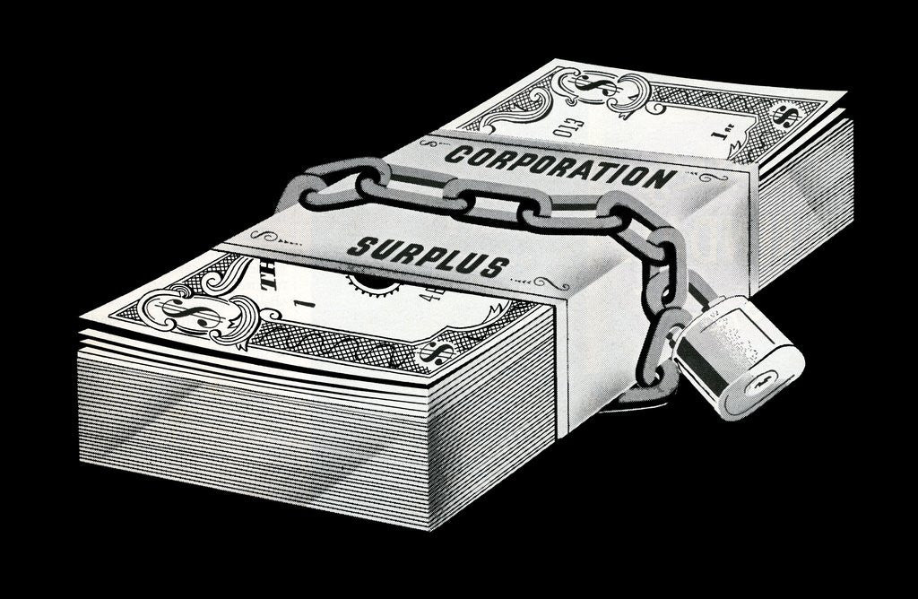 Detail of Stack of locked money labeled Corporation Surplus by Corbis