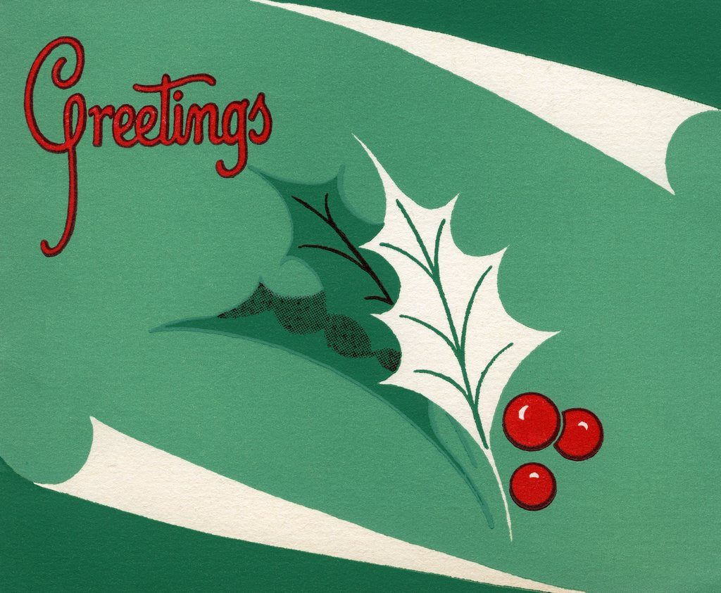 Detail of Christmas Greetings with Holly Leaves and Berries by Anonymous