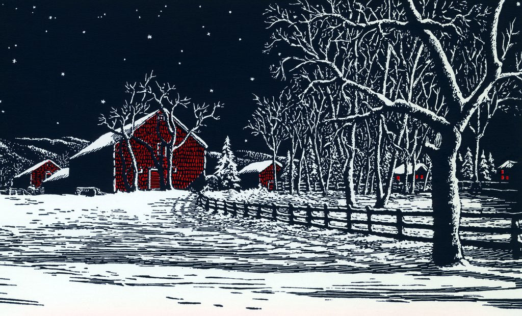 Detail of Red Barn in a Snowy Night Landscape by Anonymous