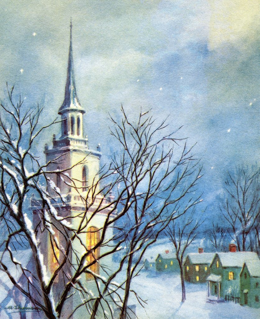 Detail of Church Steeple and Small Town at Christmas by Anonymous