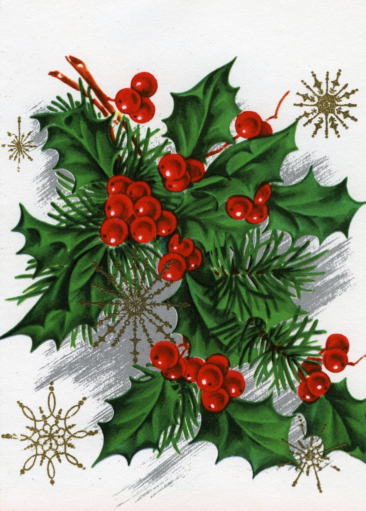 Detail of Christmas Greetings with Holly Leaves and Berries by Anonymous