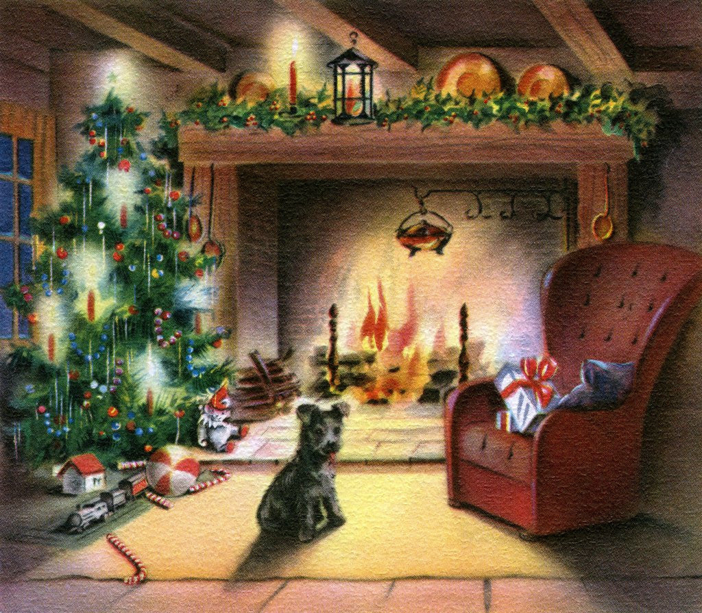 Detail of Vintage Illustration of Christmas Tree by Fireplace by Corbis