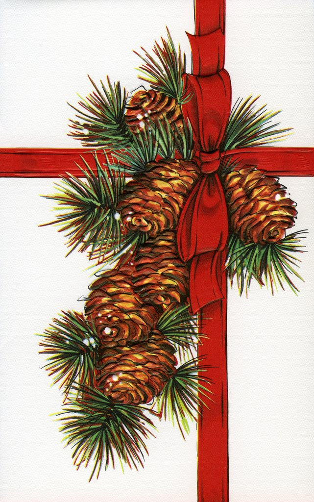 Detail of Vintage Illustration of a Christmas Present with Red Ribbon and Pine Cones by Anonymous