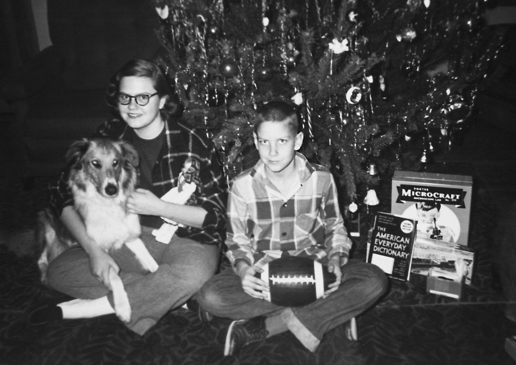 Detail of Brother and sister pose by the Christmas tree, ca. 1960 by Corbis