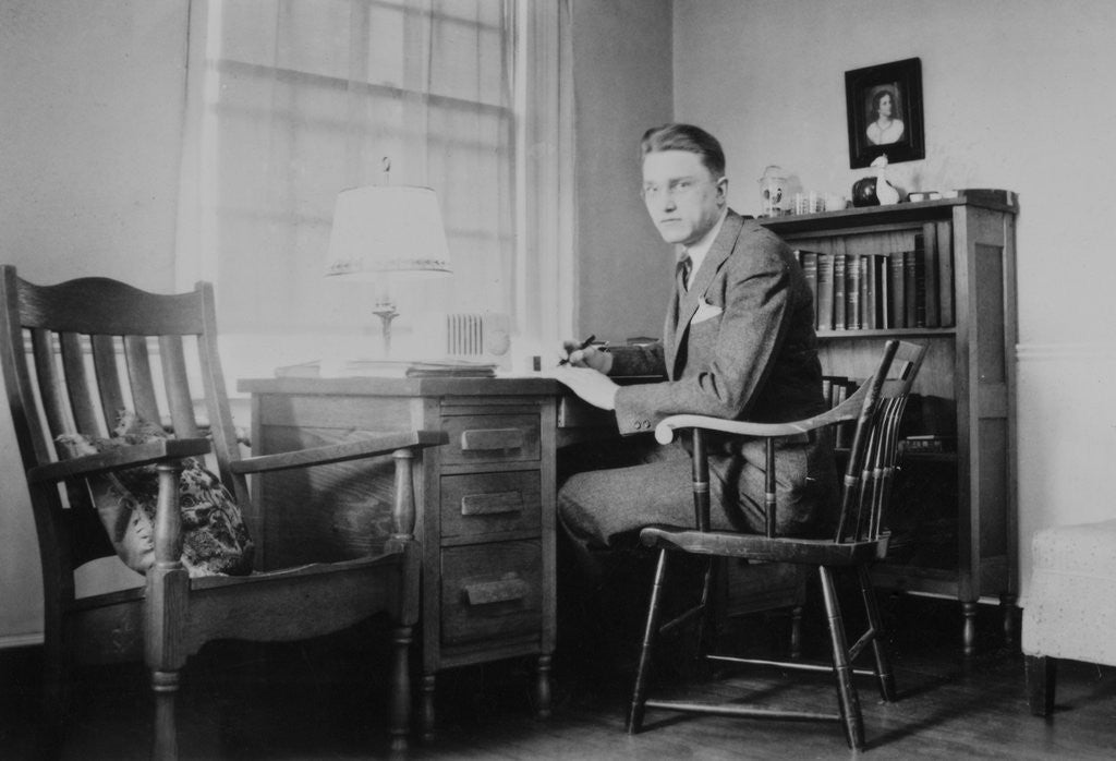 Detail of Harvard grad student studies as his desk, ca. 1938 by Corbis