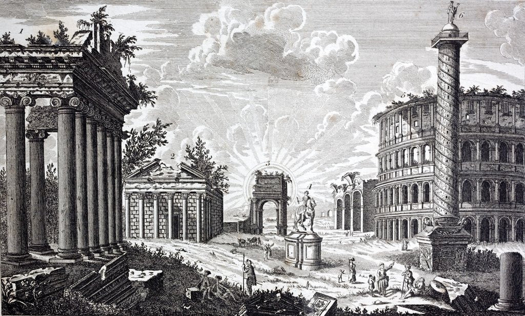 Detail of Roman Ruins. An 18th century engraving labelling key public buildings: by Anonymous