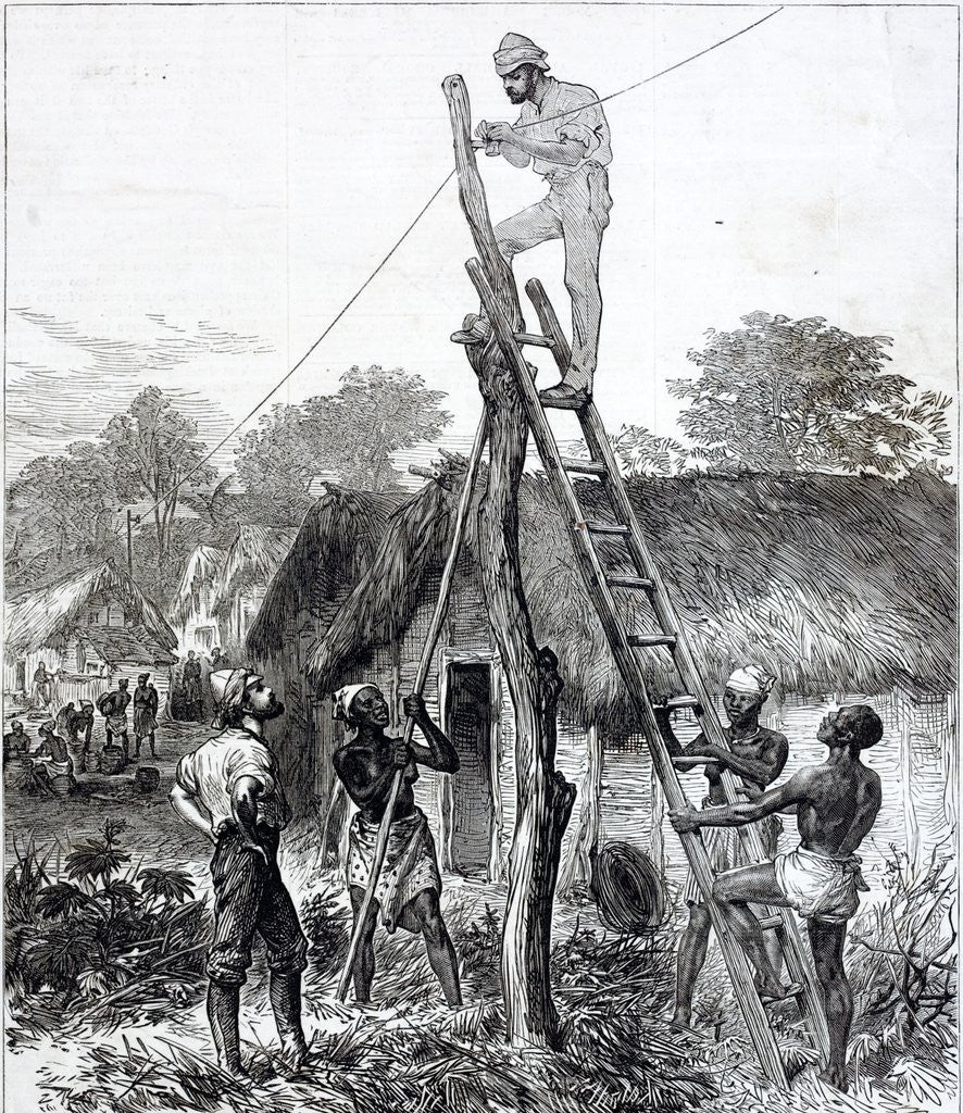 An 1874 newpaper engraving of the Ashanti War showing military personnel erecting a telegraph wire by Corbis