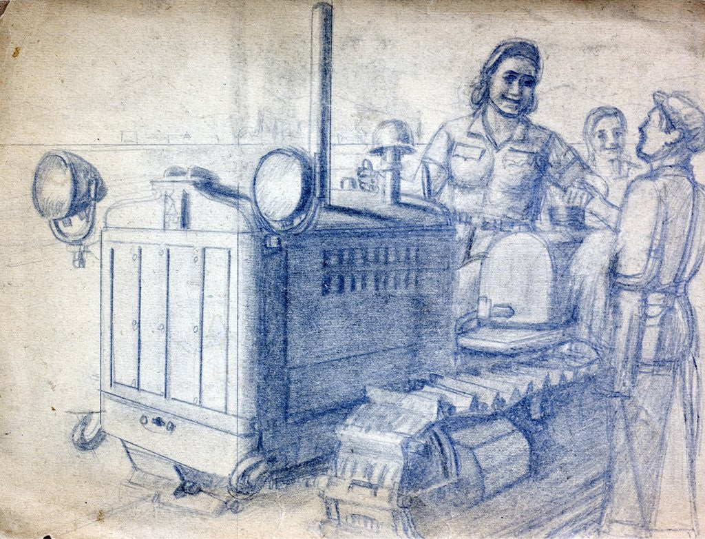 Detail of Drawing of a Soviet woman on a tracked tractor by Anonymous