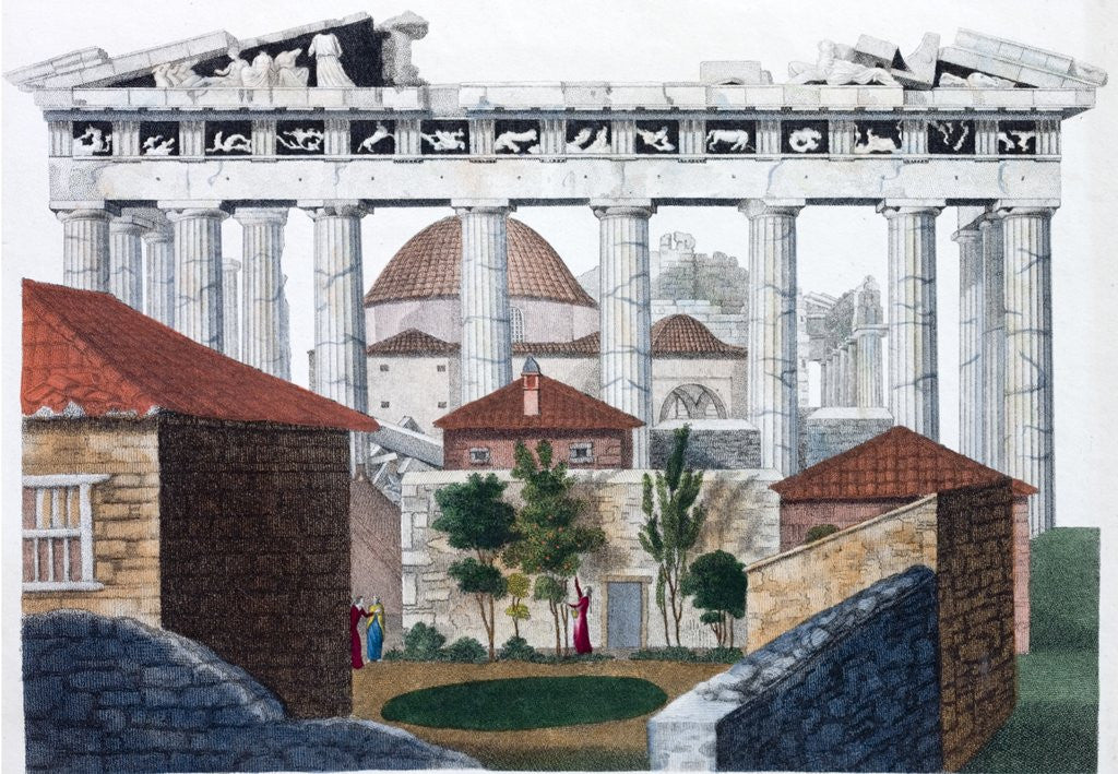 Detail of Hand coloured print of the Parthenon in Athens in the days of the Ottoman Empire by Corbis