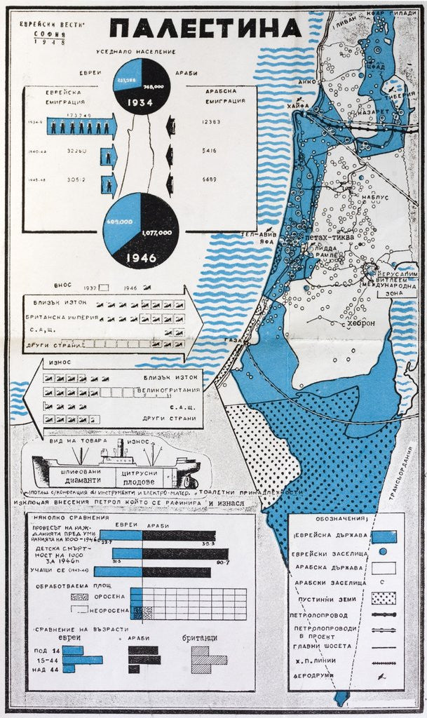 Detail of Map of Palestine showing the increase in Jewish population between 1934 and 1956 by Anonymous