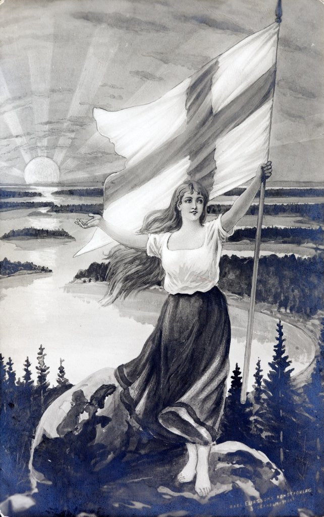 Detail of Patriotic Finnish maiden holding the raised flag of Finland by Corbis