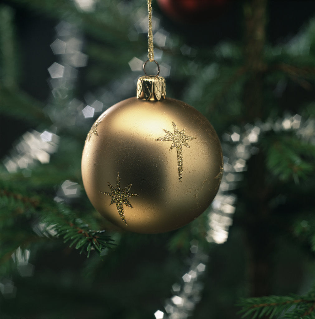 Detail of Close-up of a golden hanging Christmas bauble on blurred tree by Anonymous