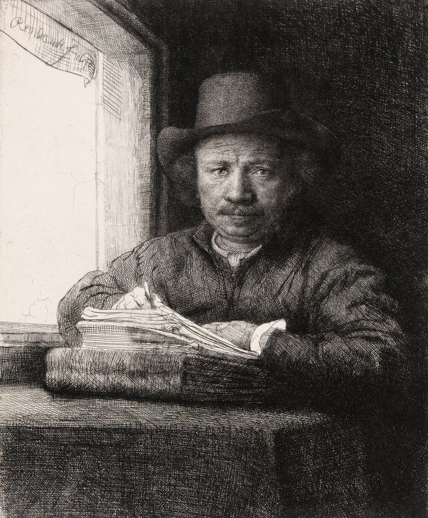 Detail of Self Portrait Drawing at a Window by Rembrandt van Rijn