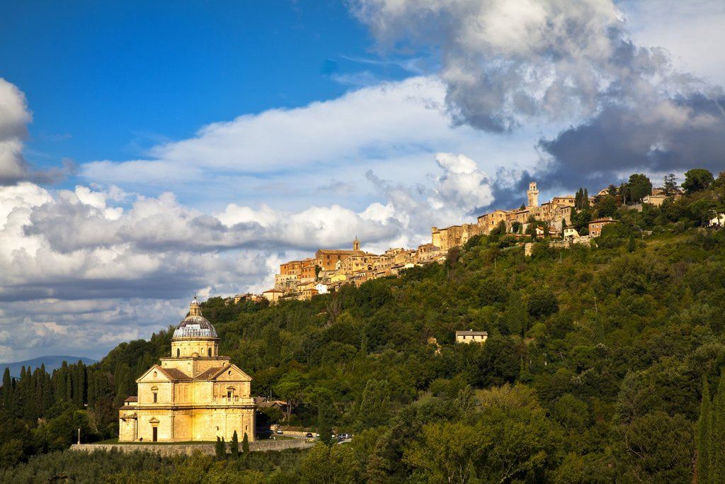 Detail of Basilica San Biagio Stands on the hillside below the Hillside Town of Montepuciano by Anonymous