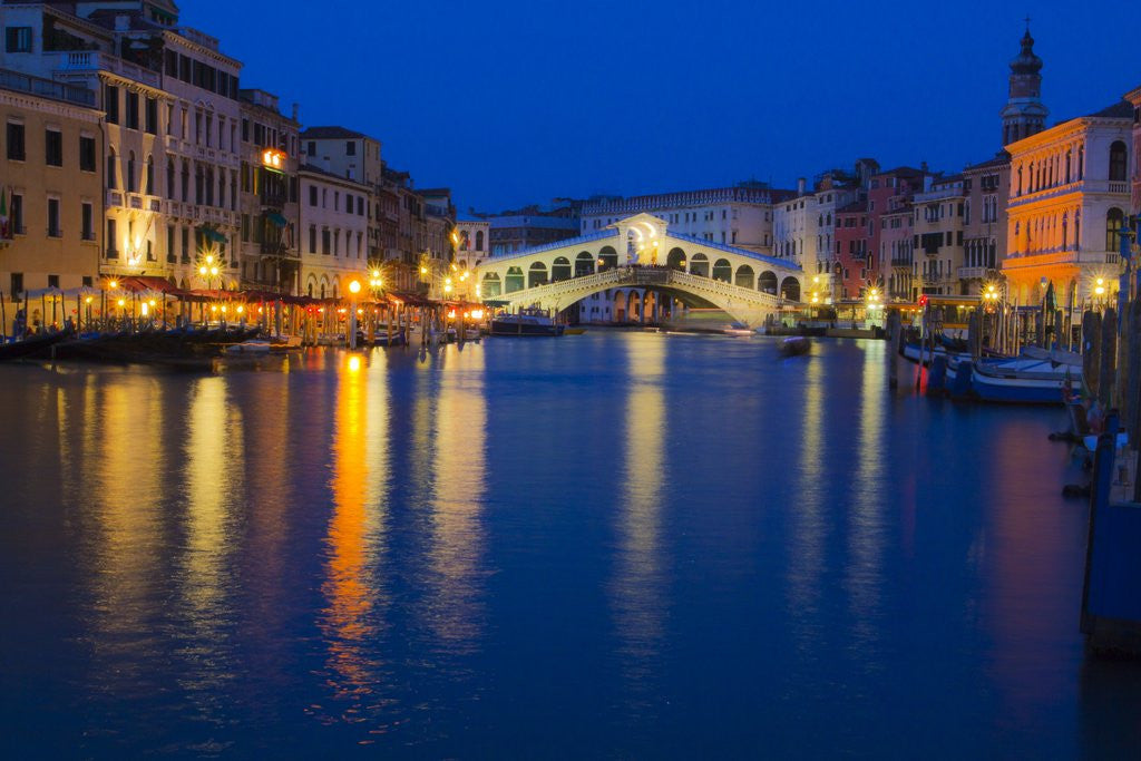 Detail of Grand Canal with View of Rialto Bridge with Evening Blue light and Lights by Corbis