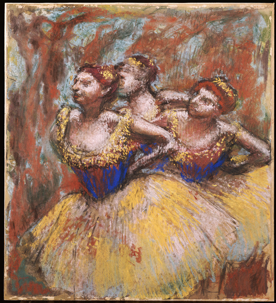 Detail of Three Dancers (Yellow Skirts, Blue Blouses) by Edgar Degas