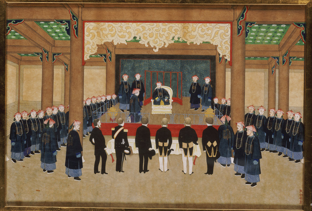 Detail of A Mandarin Receiving an Embassy of European Diplomats at his Court by Zhou Pei Chun