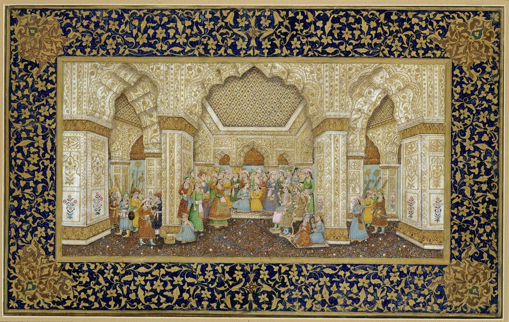 Detail of Mughal palace interior depicting Shah Jahan and Mumtaz Mahal by Anonymous