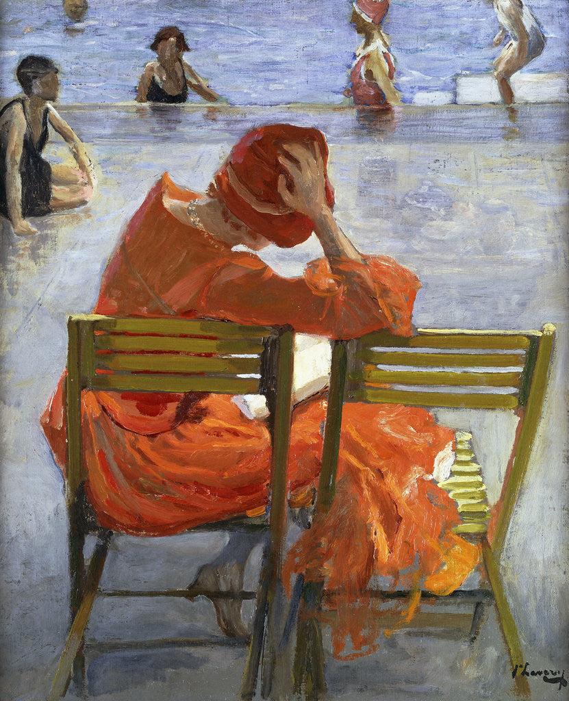Detail of Girl in a Red Dress, Seated by a Swimming Pool by John Lavery