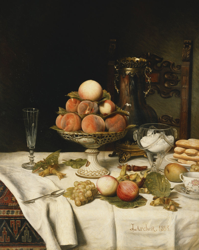Detail of Peaches in a Dresden Tazza, Grapes, Apples, Hazelnuts and Biscuits by Jules Larcher