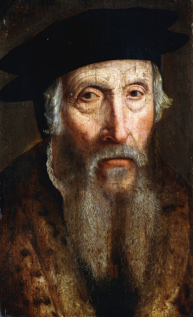 Detail of Portrait of a Bearded Man, Bust Length, in a Fur Trimmed Coat and Black Hat attributed to John Bettes the Elder by Anonymous