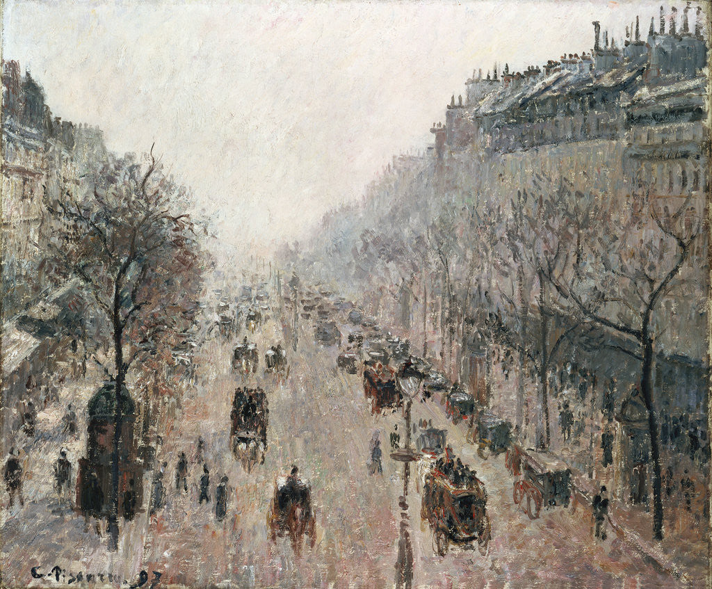 Detail of Boulevard Montmartre on a Sunny Foggy Morning by Camillle Pissarro