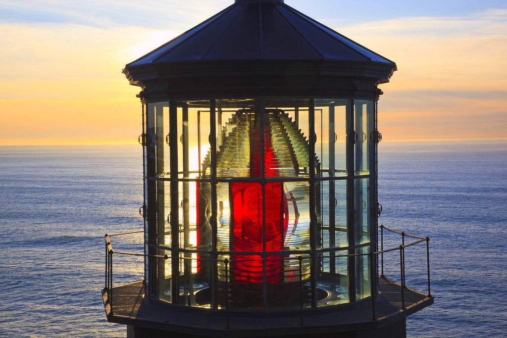 Detail of Cape Meares Lighthouse lens at sunset, from Cape Meares, Oregon, USA by Corbis