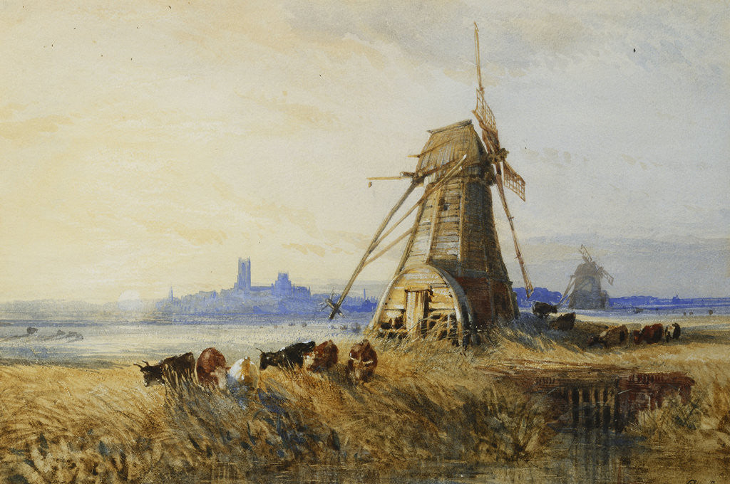 Detail of A Distant View of Ely with Windmills at Sunset by Thomas Lound